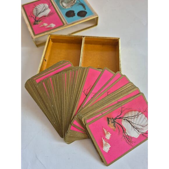 Vintage Playing Cards Set of 2 Beach Nautical Theme Blue Pink In Case Complete - Picture 6 of 6